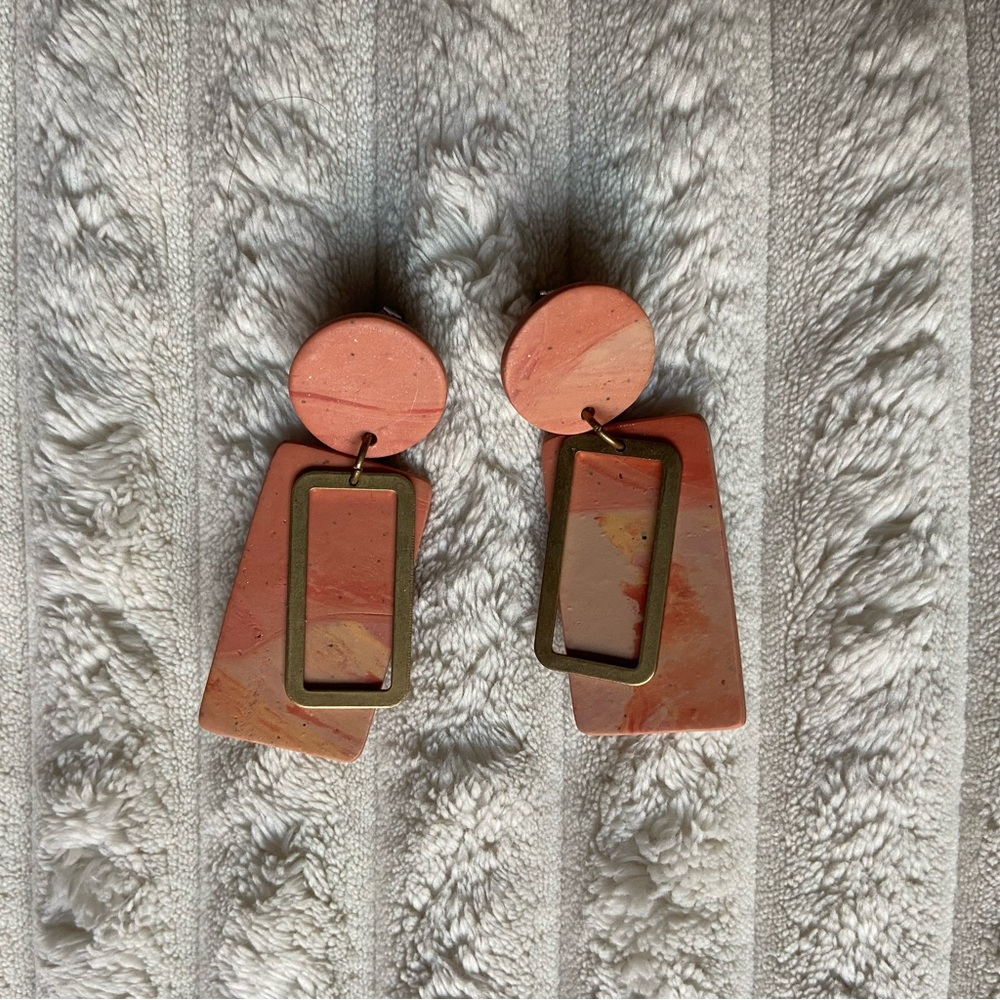 Circle & rectangle clay polymer earrings with post-backs